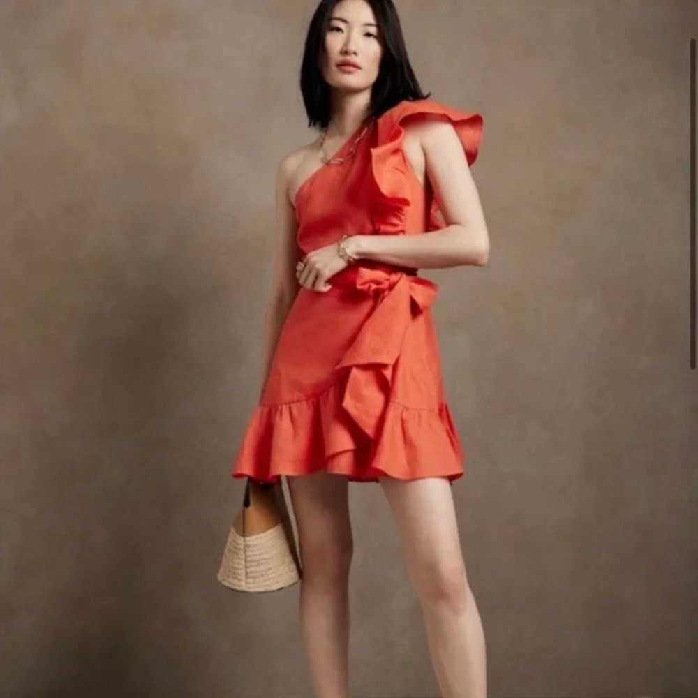 Banana Republic Linen Ruffle One Shoulder Dress